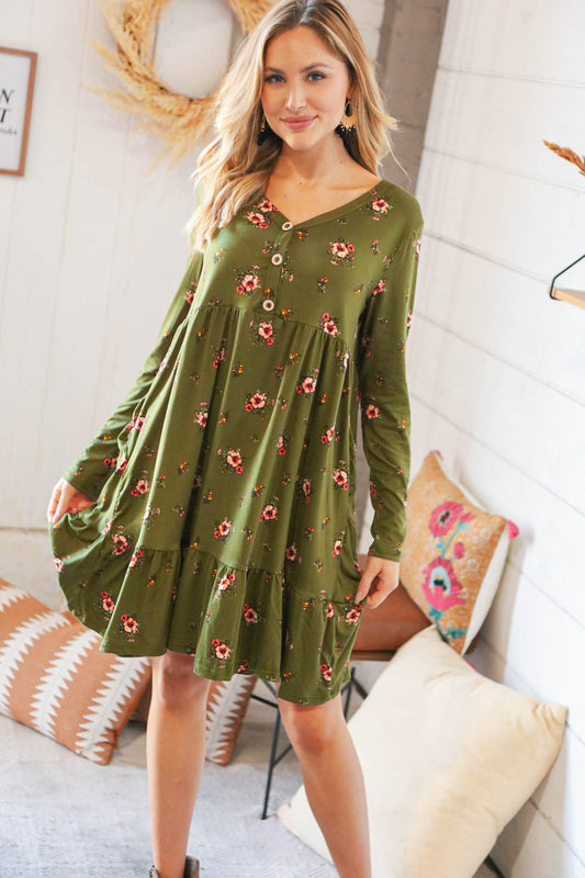 Olive Placard Yoke Ruffle Hem Pocketed Fit & Flare Dress