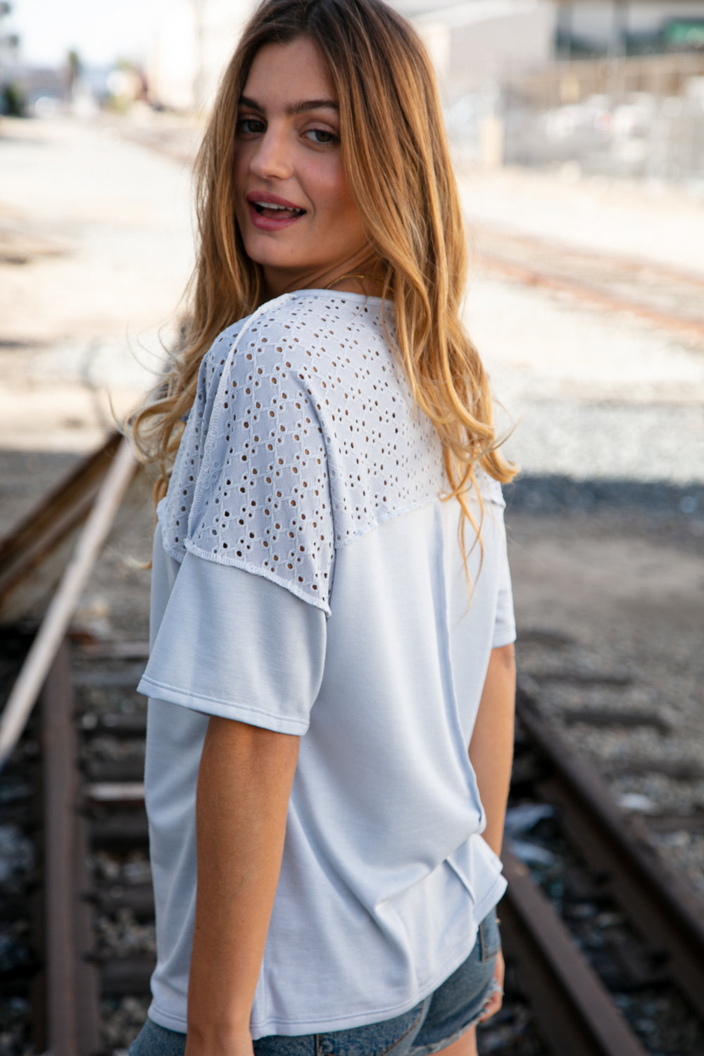 Soft Blue Eyelet Yoke Terry Knit Button Down Top