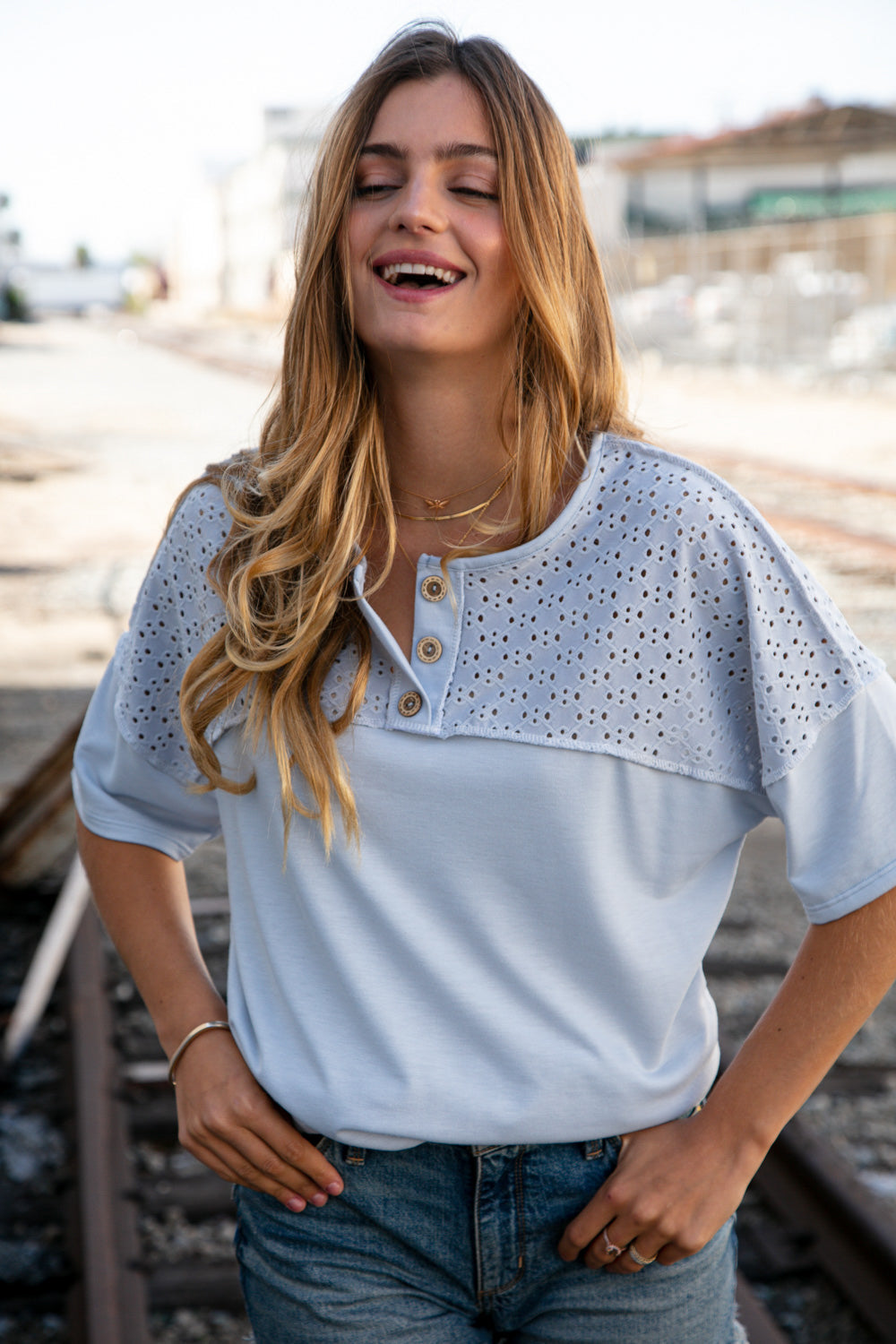 Soft Blue Eyelet Yoke Terry Knit Button Down Top