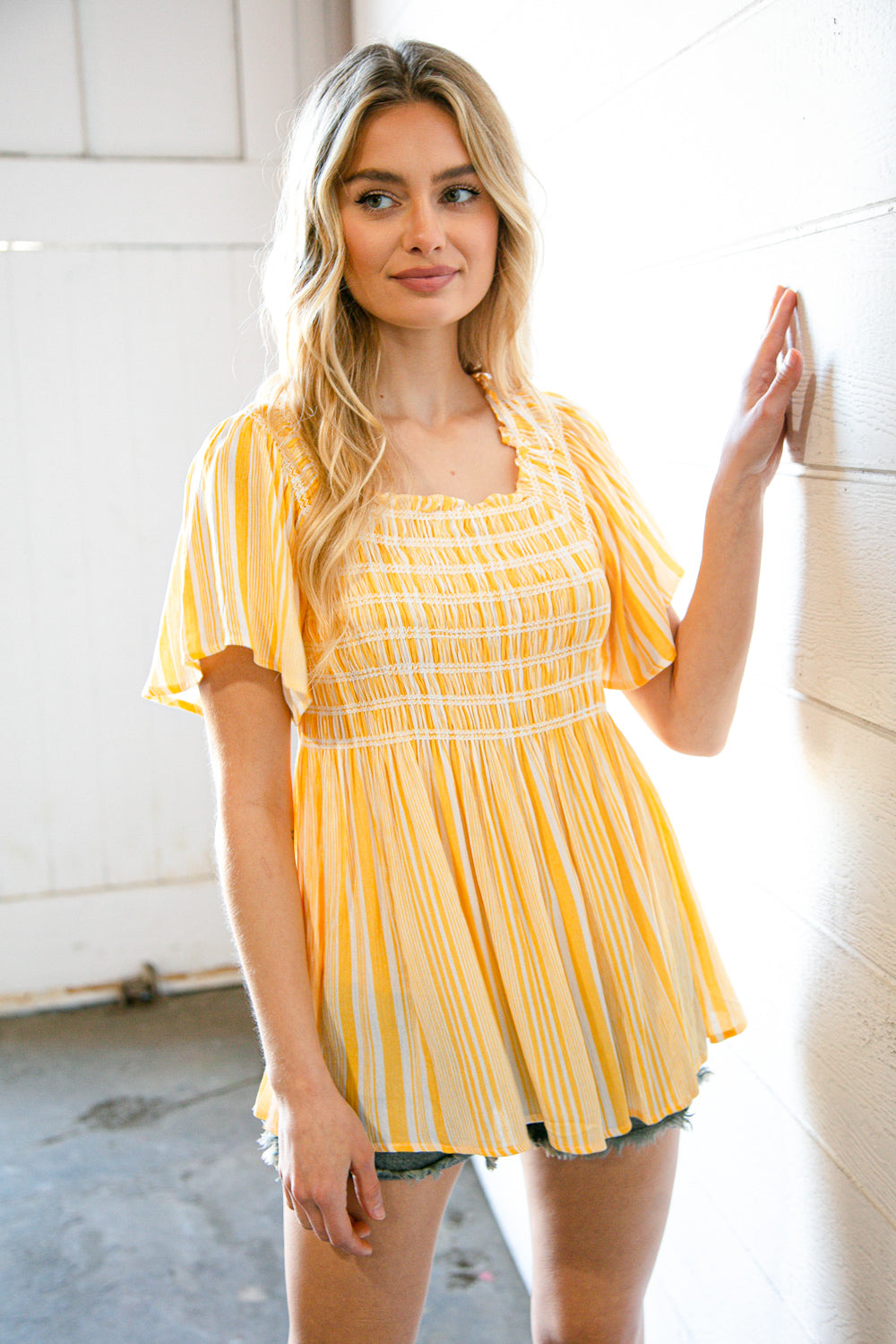 Sunflower Striped Tassel Back Tie Smocked Blouse