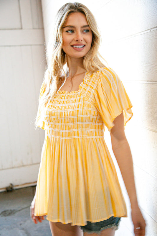 Sunflower Striped Tassel Back Tie Smocked Blouse