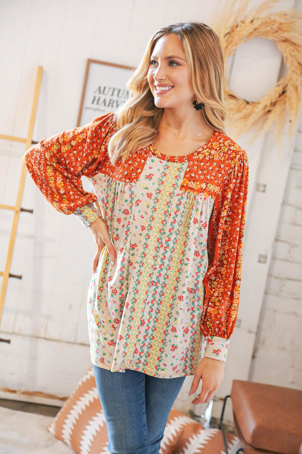 Rust & Taupe Floral Color Block Bubble Sleeve Yoke Knit Top