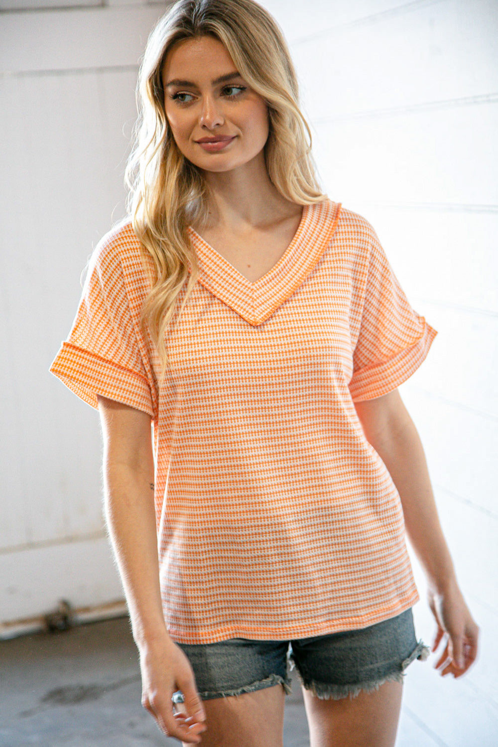 Orange Two-Tone Jacquard Dolman Out Seam Top