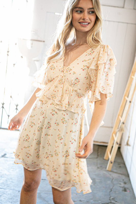 Oatmeal Chiffon Swiss Dot Floral V Neck Woven Dress