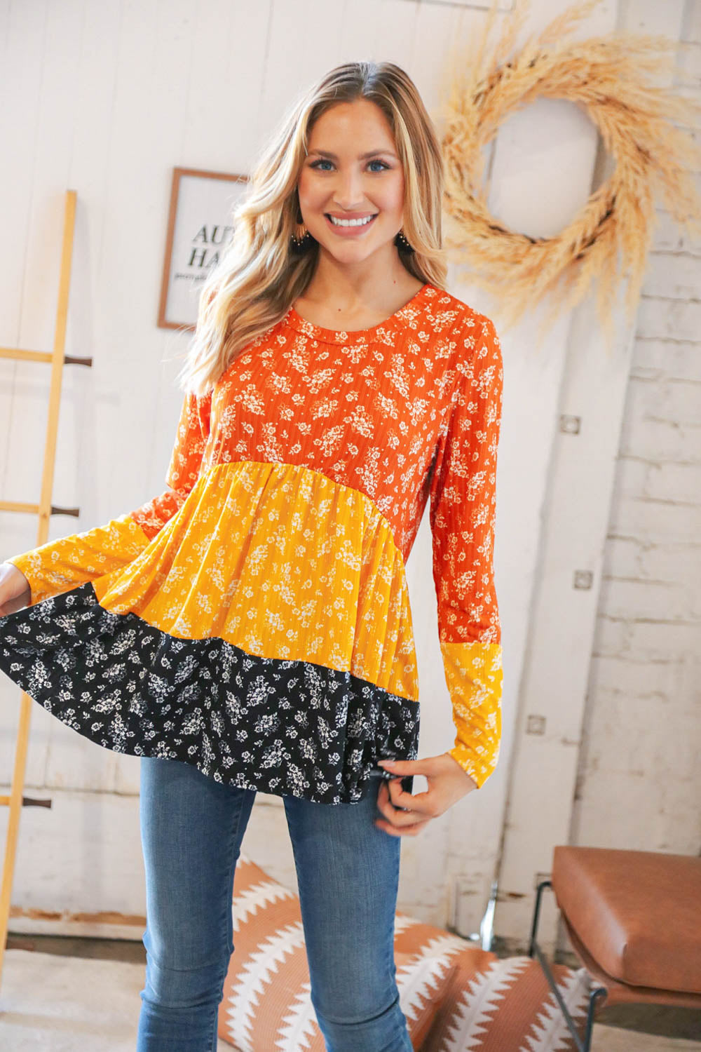 Sunflower Ditzy Floral Rib Color Block Babydoll Top