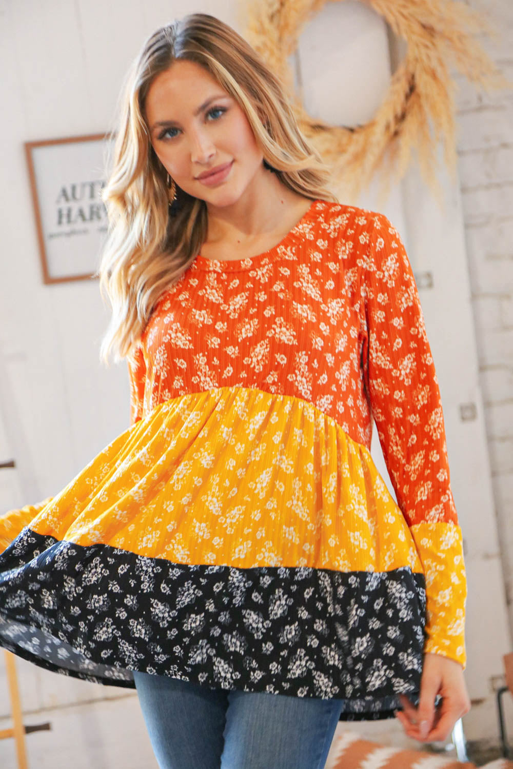 Sunflower Ditzy Floral Rib Color Block Babydoll Top