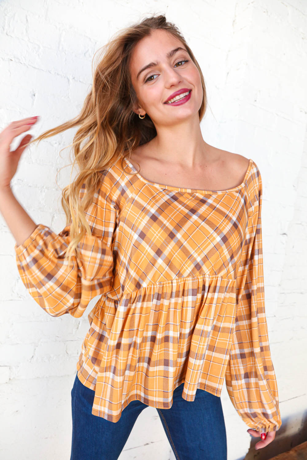 Sunflower Plaid Square Neck Bubble Sleeve Babydoll Top