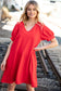 Red Crepe V Neck Capped Short Sleeve Pocketed Dress