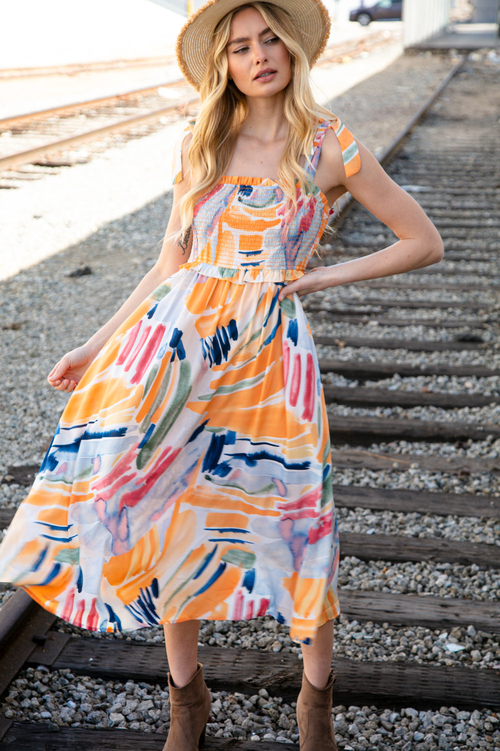 Multicolor Shoulder Tie Smocked Ruffle Lined Maxi Dress