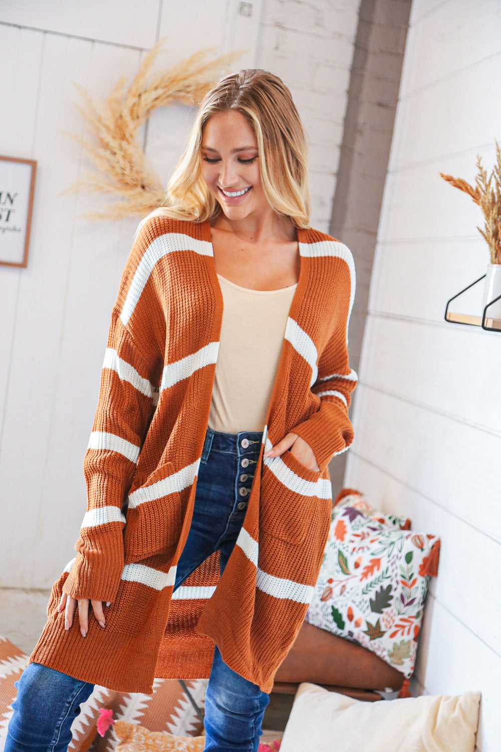 Rust Wide Stripe Long Sleeve Open Sweater Cardigan