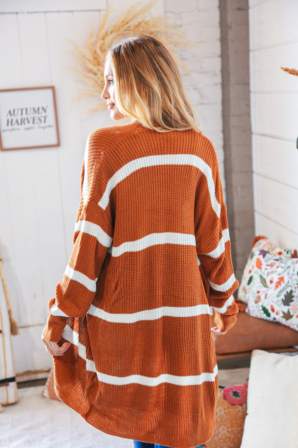 Rust Wide Stripe Long Sleeve Open Sweater Cardigan