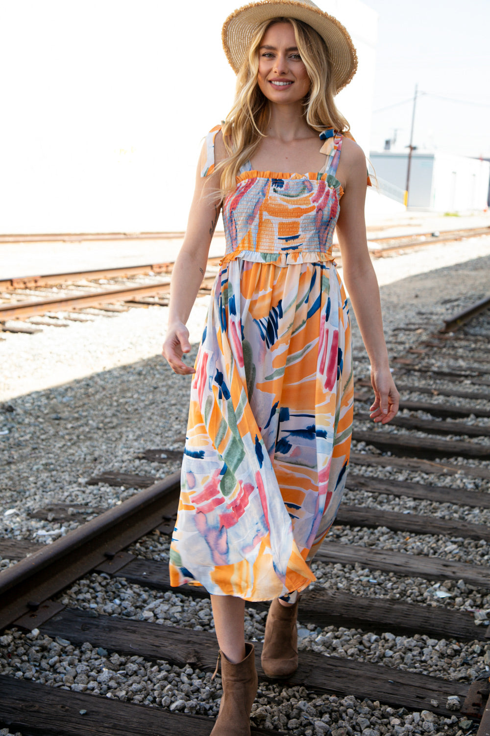 Multicolor Shoulder Tie Smocked Ruffle Lined Maxi Dress