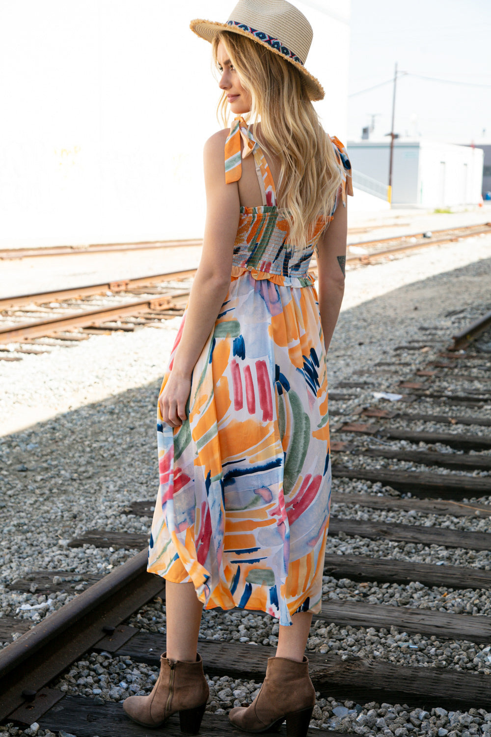 Multicolor Shoulder Tie Smocked Ruffle Lined Maxi Dress