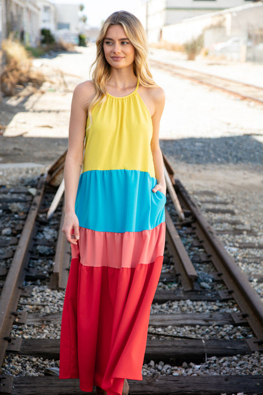 Rainbow Halter Neck Maxi Crepe Side Pocketed Maxi Dress