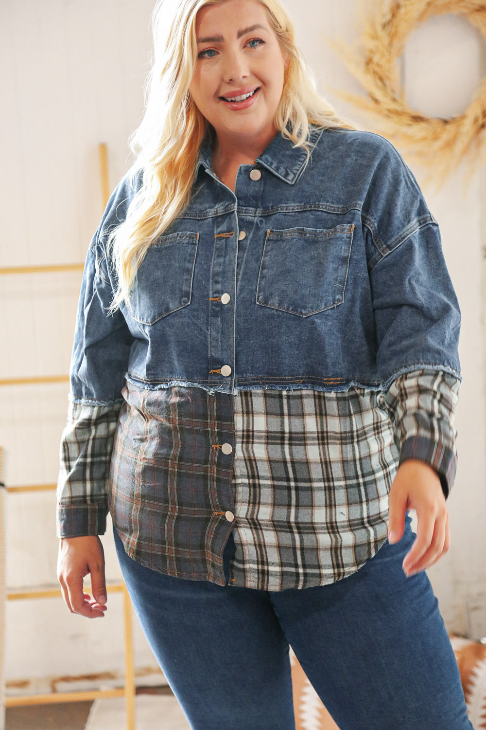 Washed Cotton Denim Plaid Color Block Jacket