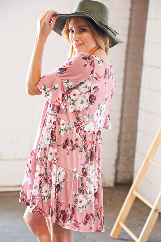 Plum Floral Belle Sleeve V Neck Tiered Swing Dress