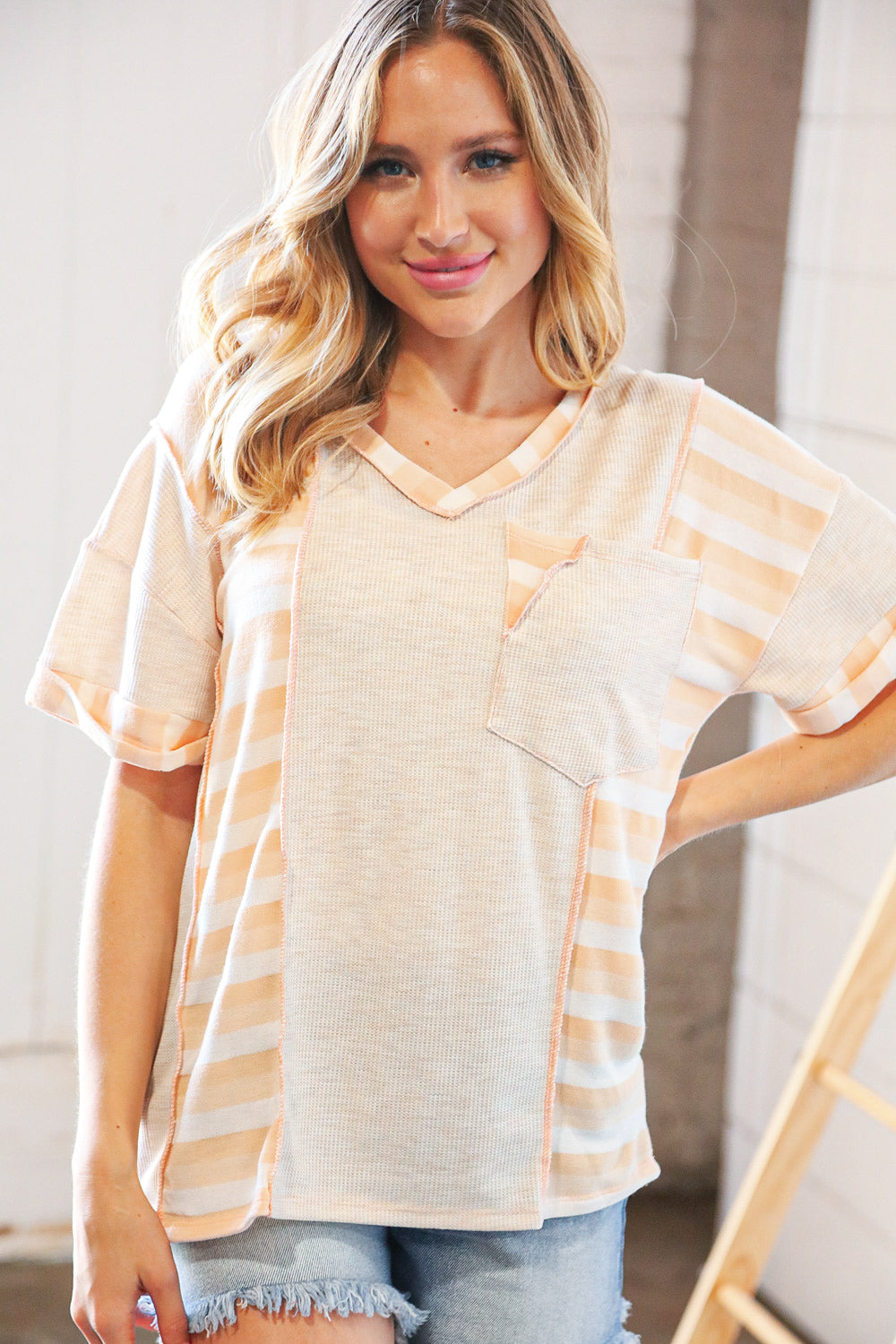 Peach/Tan Terry V Neck Color Block Stripe Loose Fit Top