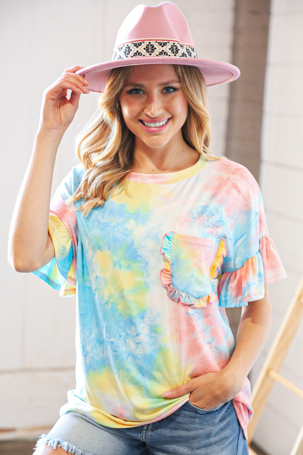 Yellow & Blue Tie Dye Dolman Ruffle Top with Pocket