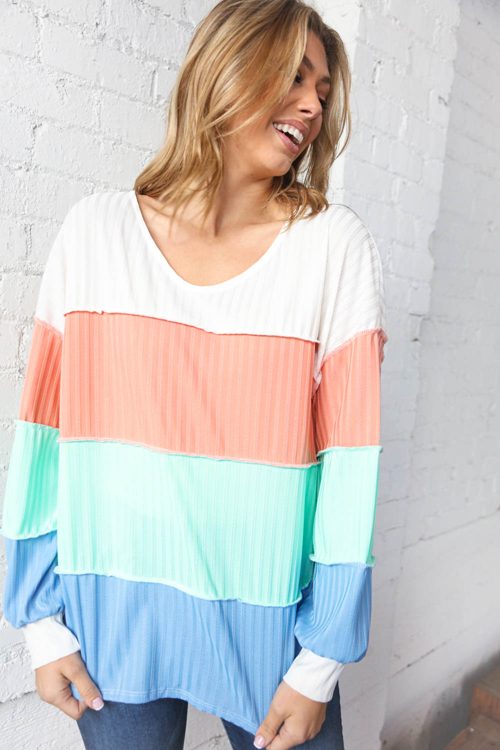 V Neck Multistripe Pointelle Rib Out Seam Detail Top