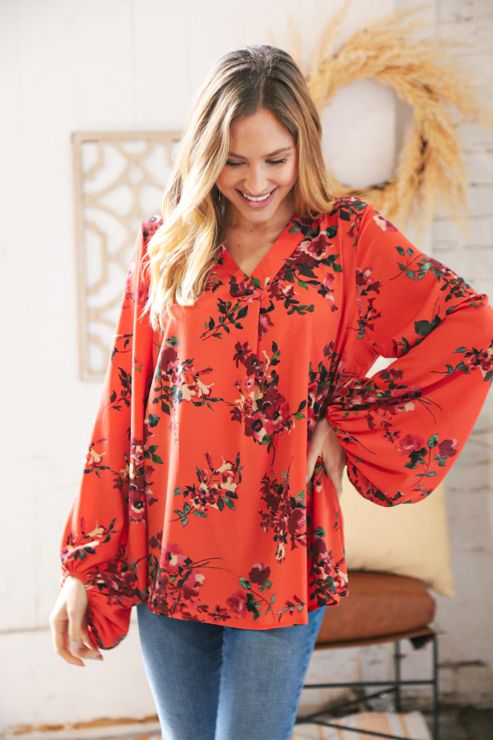 Sunset Floral V Neck Wool Dobby Top