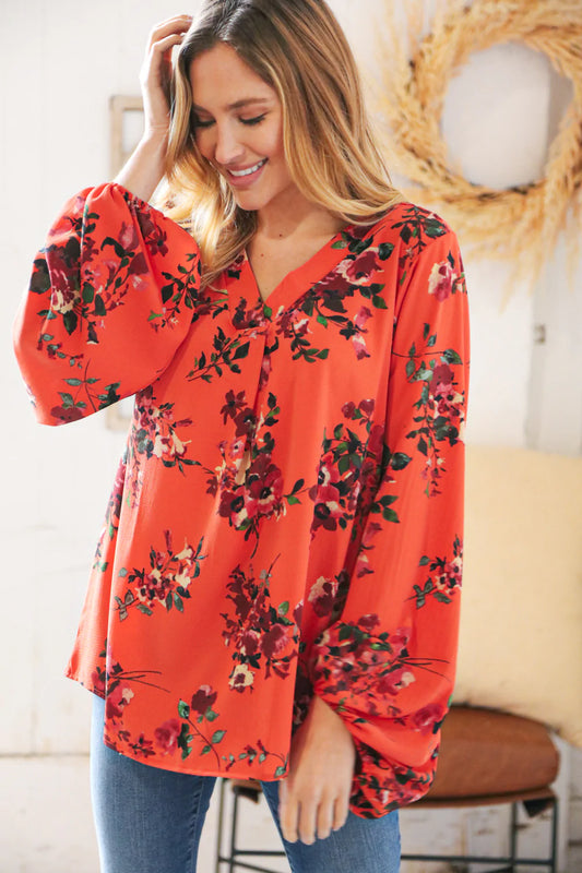 Sunset Floral V Neck Wool Dobby Top