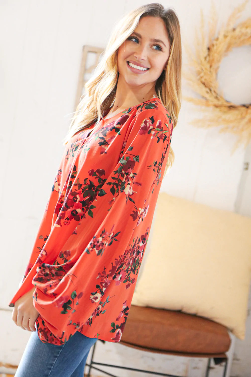 Sunset Floral V Neck Wool Dobby Top