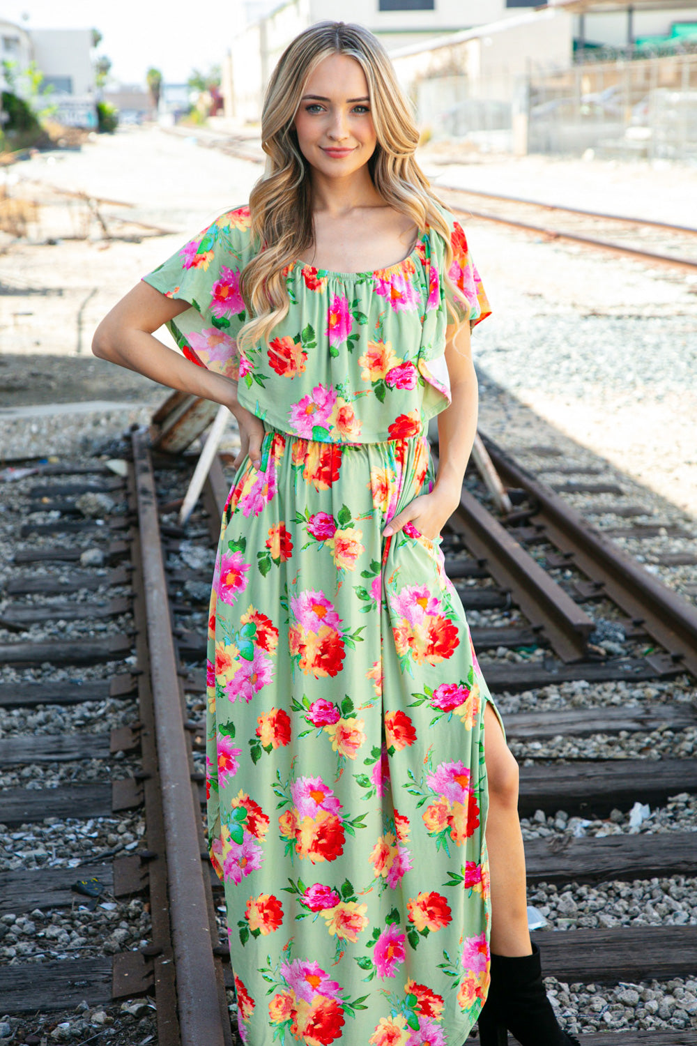 Sage/Coral Floral Print Ruffle Off-Shoulder Maxi Dress