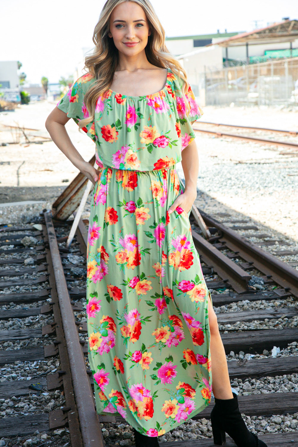 Sage/Coral Floral Print Ruffle Off-Shoulder Maxi Dress