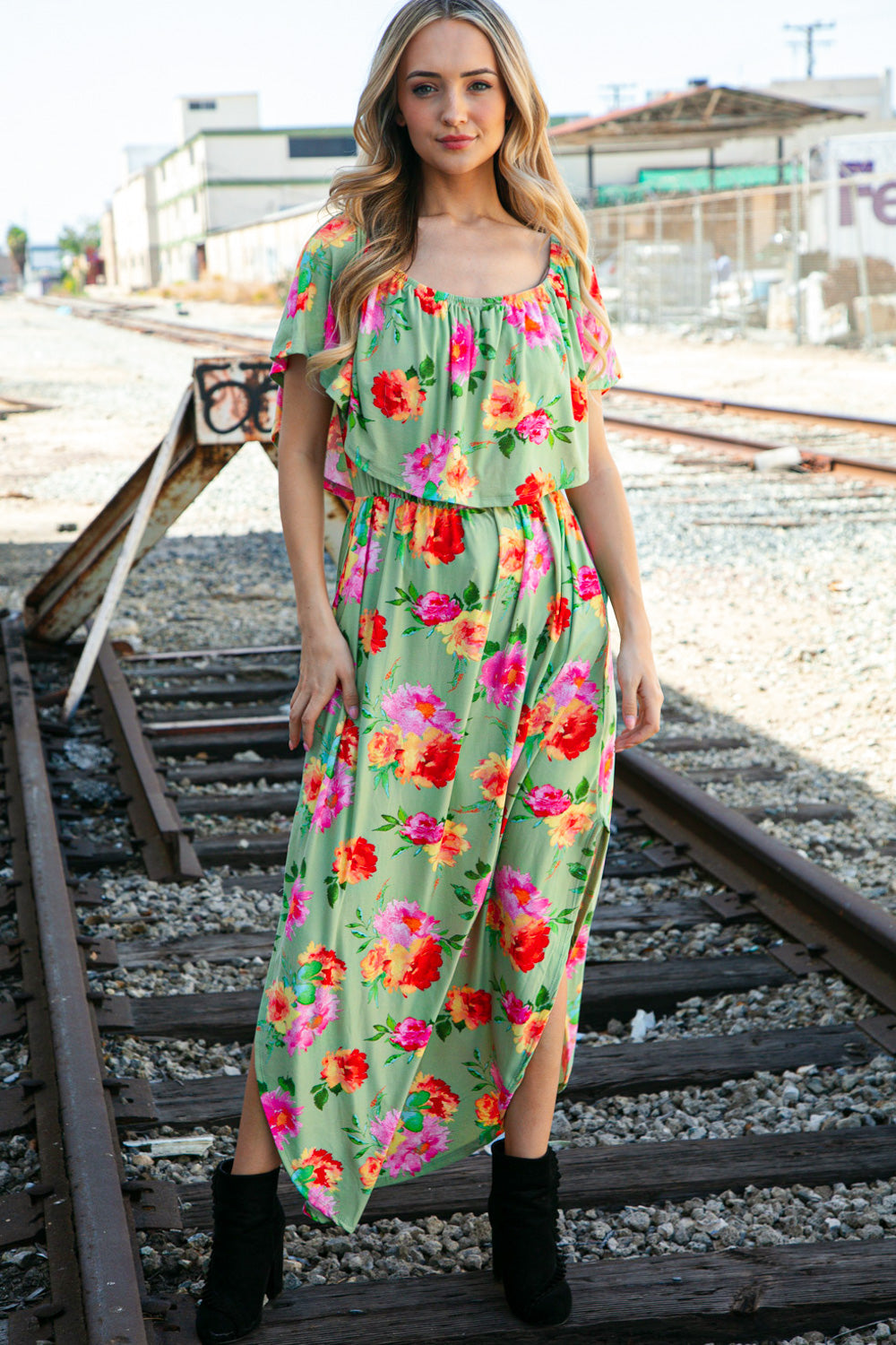 Sage/Coral Floral Print Ruffle Off-Shoulder Maxi Dress