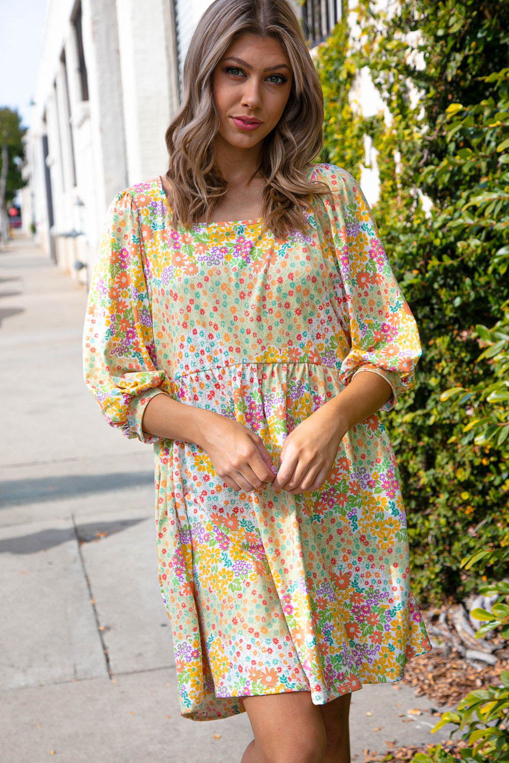 Sage & Peach Floral Patchwork Bubble Sleeve Midi Dress