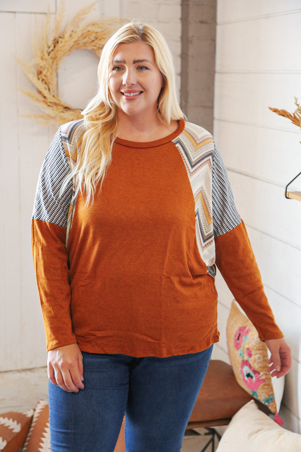 Rust Two-Tone Hacci Chevron Dolman Sweater Top