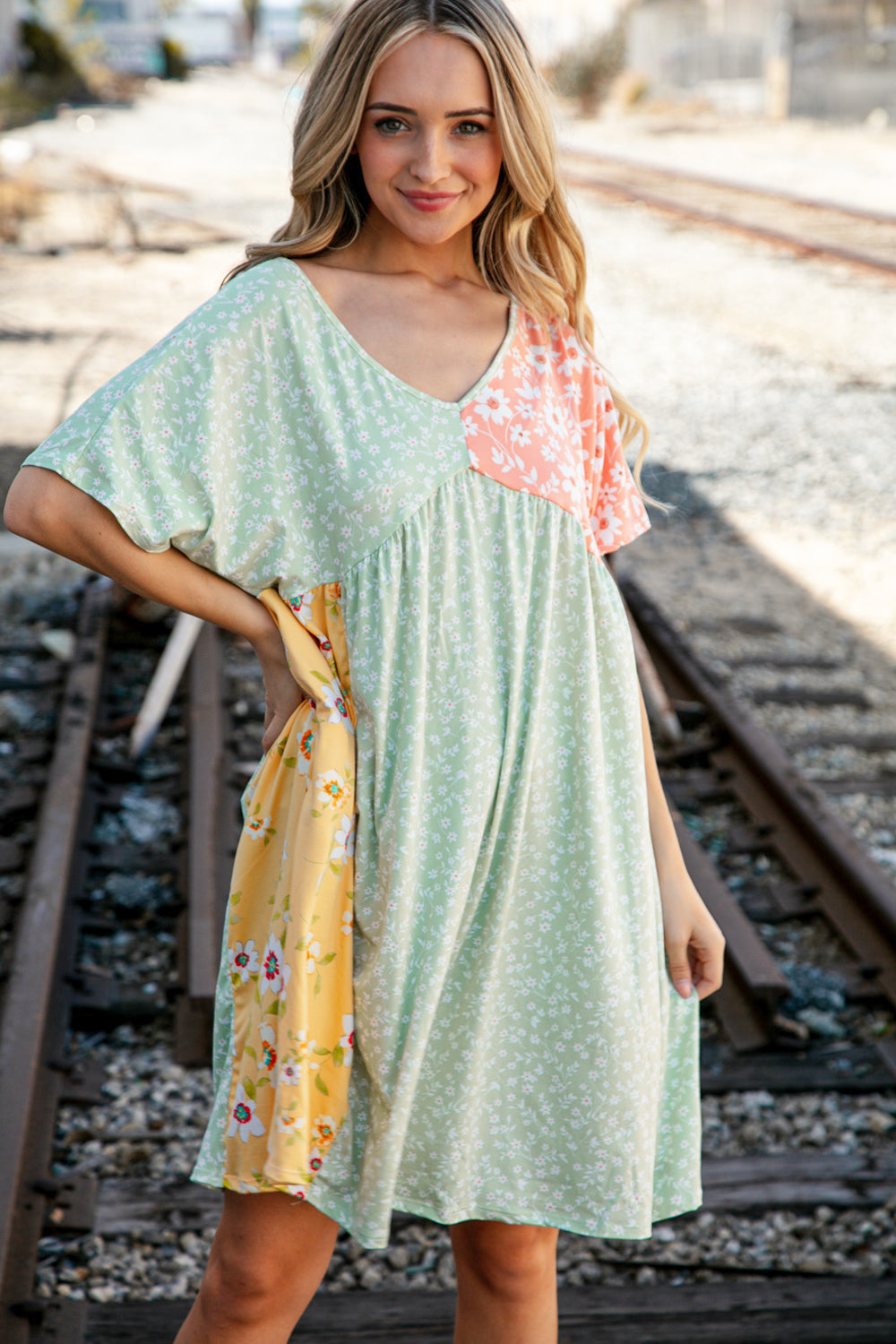 Peach Floral Color Block V Neck Dolman Pocketed Dress