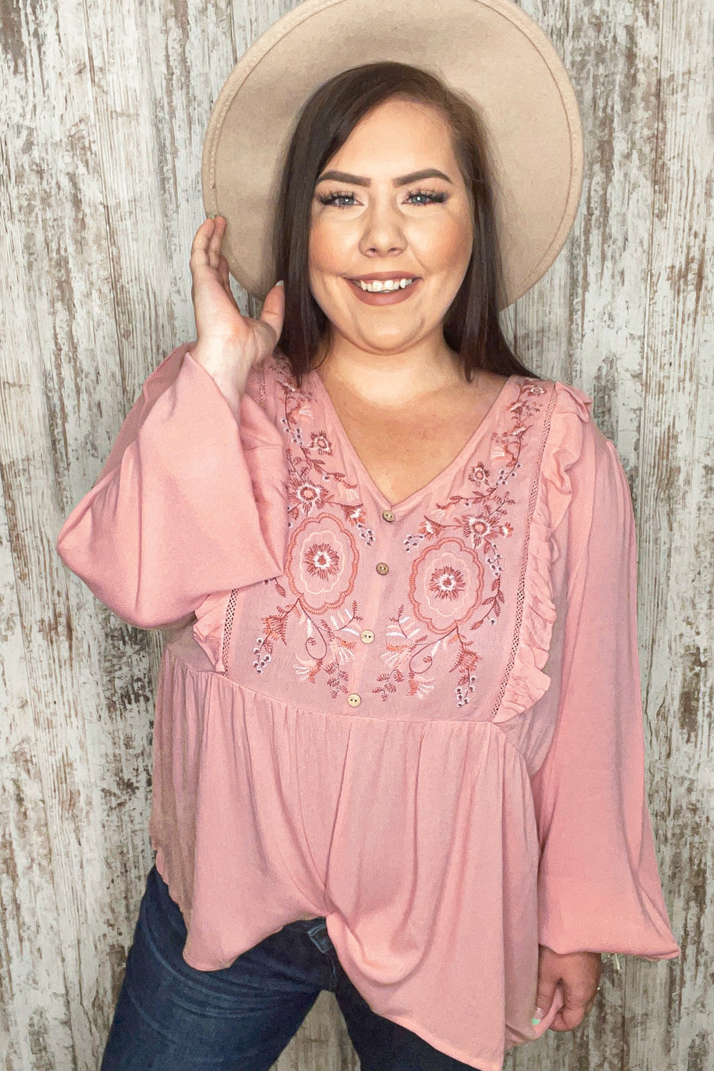 Rose Pink Embroidered Yoke Crochet Ruffle Top